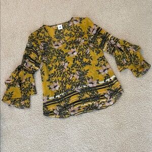 CAbi Yellow Floral Bell Sleeve Blouse